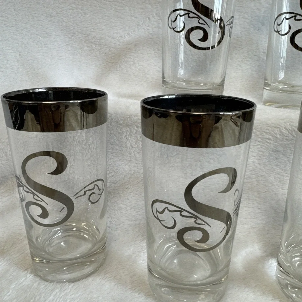 Set of 6‎ Vintage Monogrammed S Highball Glasses Silver Rimmed Barware